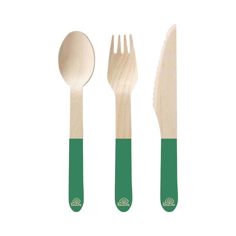 EcoSouLife Wooden Cutlery Set - Green, 24 Pieces