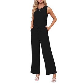 Sarin Mathews Air Essentials Jumpsuits for Women Casual Wide Leg Long Pants Jumpsuit Sleeveless Belted Rompers with Pockets Black L