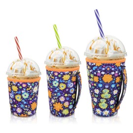 AJLTPA Iced Coffee Sleeve Insulator Sleeves for Cold Drinks Beverages, 3 Pack Reusable Neoprene Cup Sleeve with Handle for 16-32oz Coffee cups(Abstract Flowers)