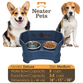 Neater Feeder - Deluxe Model - Mess-Proof Dog Bowls (Medium, Dark Blue) - Made in USA - Elevated, No Spill, Non-Tip, Non-Slip, Raised Stainless Steel Food & Water Pet Bowls