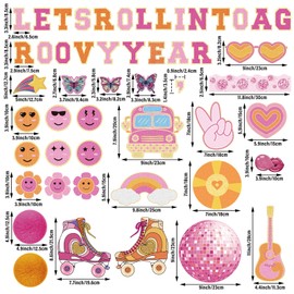 Mooliwe 58 Pcs Groovy Retro Boho Bulletin Board Kit Roll into a Groovy Year Hippie Decoration Set Disco Smile Face Daisy Cutouts Back to School Wall Decor for Classroom School Office