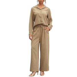 kaimimei Women's Linen 2 Piece Outfits Loungewear Set Button Down Shirt Wide Leg Pants with Pockets Comfortable Casual Khaki