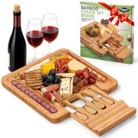 Dynamic Gear Bamboo Charcuterie Cheese Board Set with Knives - Low Maintenance Surface - Perfect for Wine and Cheese Nights - Sleek and Minimal Design - 13x13x2 inches - Dark Brown
