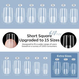 modelones Gel Nail Kit, Upgrade 15Sizes Gel Nail Tips Short Square, 9-in-One Glue Prep Dehydrator & Portable Led Lamp, 510Pcs Pre-shaped Square Press On Extension Kit DIY Salon Home Gift for Women