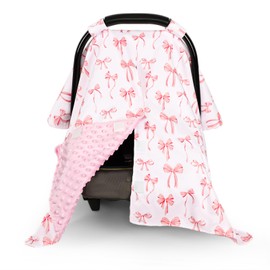 DAYEEBALL Baby Car Seat Cover, Minky Carseat Cover Baby Girl, Peekaboo Opening Infant Car Seat Cover, Warm Baby Car Seat Canopy for Winter, Pink Bow