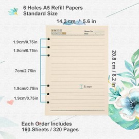 WANLIAN A5 Refill Paper Loose Leaf for 6 Ring A5 Binder Planner Diary Notebook Refillable Paper 160 Sheets/320 Pages (Lined)