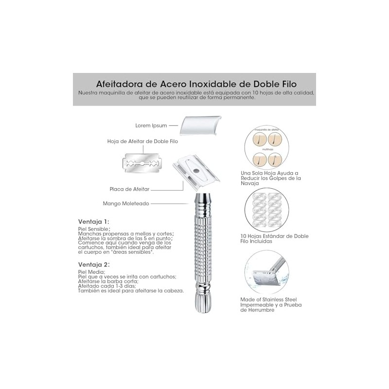 Rastrillo Clásico Barbero Desarmable Ecológico Acero Inoxidable