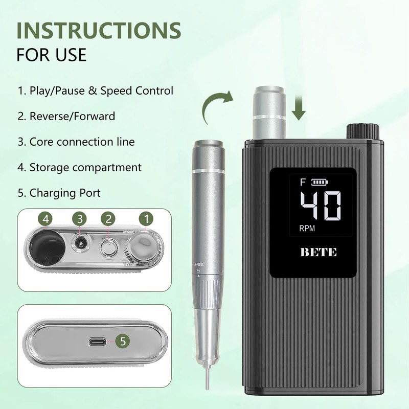 Professional Nail Drill, 40000 RPM Cordless Electric Nail File Kit