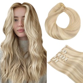 HOTBANANA Clip in hair Extensions, Ash Blonde Highlighted Platinum Blonde 5pcs Clip in Hair Extensions Real Human Hair Straight Remy Hair Extensions 14inch 80g