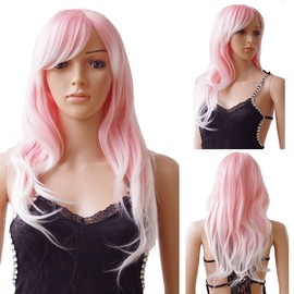 Curly Wig for Women 27.5 Inches Ombre Pink and White Colors Daily Use Voluminous Heat Resistant Synthetic Party Cosplay Wig