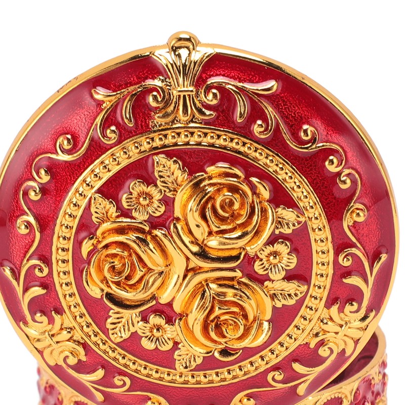 Vintage Metal Jewelry Box Round Exquisite Hand Carved Gold Flower