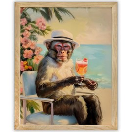 Changes in Latitude: 11x14 Framed Poster - Tropical Monkey Portrait Painting with Cocktail - Whimsical Animal Art for Beach House, Vacation Home & Bar - Funny Vacationing Monkey Relaxation Art