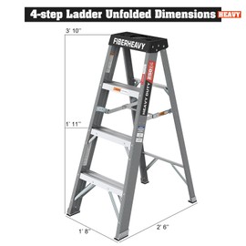 4 Foot Fiberglass Step Ladder, 250 Pound Load Capacity, Type IA, Pedal Ergonomic Design, 4 Step Ladder Folding Step Stool