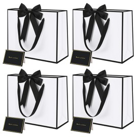 4 PCS White Gift Bag Medium, Birthday Gift Bag with 4 Bow 4 Cards for Women Girls Boys Birthday Valentines Bridesmaid Wedding Party (27 * 21 * 8 cm)