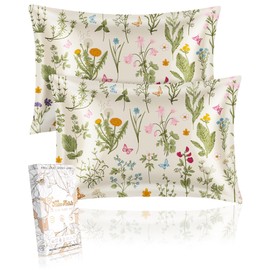 Miss Adola 2 Pack Mulberry Silk Pillowcase - Queen Size 20x30 Inch Pillow Case with Hidden Zipper for Women Lady Smooth Soft Breathable Cute Design Pillowcase for Hair and Skin, Leaf Flower