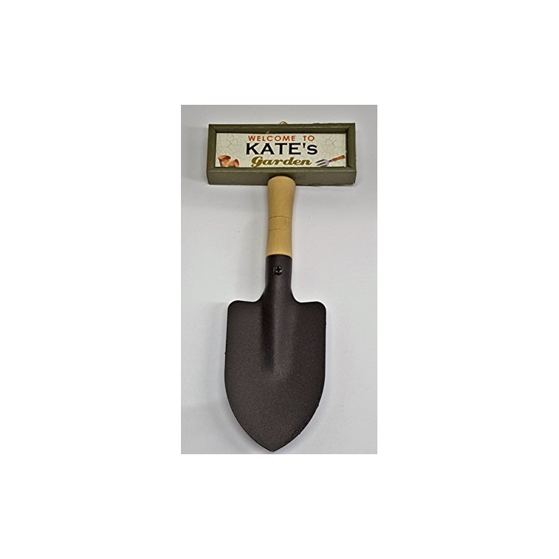 "Welcome to Kate's garden" hanging shovel sign