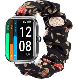 Giaogor ID206 Band, Fabric Elastic Scrunchie Elastic Women Cute Replacement Straps Compatible for LETSCOM ID206 1.69" Smartwatch/AGPTEK IP68 LW11 Smartwatch (Black flower)
