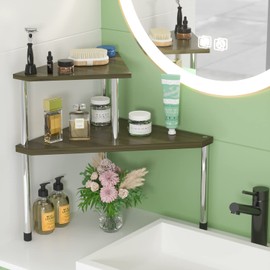 Weenson Bathroom Counter Organizer Corner Shelf - 2 Tier Bathroom Organization Bamboo Bathroom Sink Shelf Kitchen Countertop Organizer Adjustable Free-Standing Counter Storage Shelf(Antique)