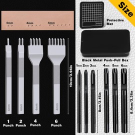 Leather Stitching Punch Leather Hole Punch Tool Set, 4mm 1/2/4/6 Prong Punch Leather Chisel, Round Leather Hole Punch for Leather Belt, Watch Band, Leather Strap DIY Leather Crafts