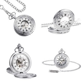 TREEWETO Antique Mens Pocket Watch Skeleton Mechanical Half Hunter Silver Case Roman Numerals