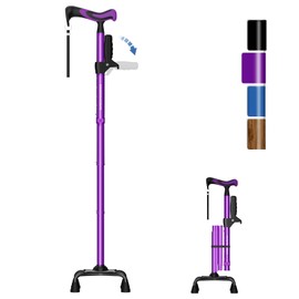 KingPavonini Walking Cane for Women/Men with Second Handle, Foldable & Adjustable Quad Cane with 4-Pronged Base for Standing, Lightweight Walking Aid for Seniors & Adults