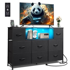 WLIVE Black Dresser TV Stand for 45, 50, 55 inch TV, Entertainment Center with LED Lights & Charging Station, Chest of Drawers with 8 Fabric Drawers and Open Shelves for Living Room, Hallway, Wood Top