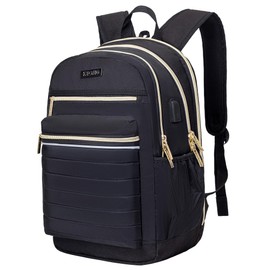 KEOFID Anti-theft travel laptop backpack with USB charging port for men and women, back pack for college(Black and gold)