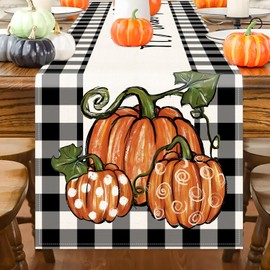 Fall Table Runner 13x72 Inch Long Linen Pumpkin Buffalo Plaid Decorations Autumn Thanksgiving Farmhouse Centerpiece Seasonal Harvest Table Mats Kitchen Dining Room Indoor Outdoor Home Party Supplies