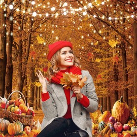 CYLYH 8x8ft Fall Photography Backdrop Autumn Maple Forest Leaves Pumpkin Party Background Thanksgiving Party Supplies Farm Harvest Event Banner Thanksgiving Photo Booth Props CY579