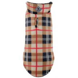 The Worthy Dog Fargo Fleece Plaid Dog Jacket, Adjustable Reversible with Harness Hole, Wind-Resistant, Winter Outdoor Clothes for Pets, Tan - 30''
