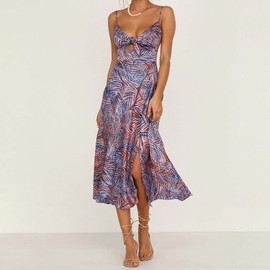 Fashionme Women Spaghetti Strap Midi Satin Dresses Tie Front Backless Split Summer Casual Floral Dress Hollow Flowy Slip Dress Sundresses Wedding Guest Beach Cocktail Graduation B-Purple