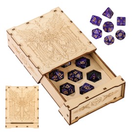 D&D Drawer Style Dice Box, 7 Purple Gold Polyhedral Dices, Sustainable Wood Wings and Swords Design Storage Box, RPG Player Warrior Case, DND Accessories, Tabletop Gamer Gift Set