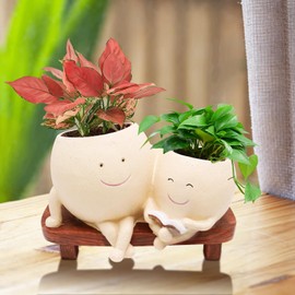 Xinthail Adorable Face Planter Pots with Cute Double Head for Indoor and Outdoor Planting - Resin Rocking Chair Planters for Succulents and String of Pearls - Unique Mother's Day, Birthdays