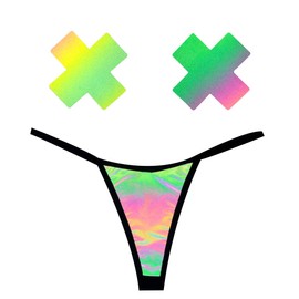 Neva Nude Rainbow Reflective Multicolor Grey Naughty Knix G String Panties and Matching Nipztix Pasties Set