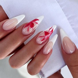 IMRAIN Long Stiletto Press on Nails White French Tips Fake Nails with Red Flower Designs Full Cover Glossy Artificial Gel False Nails Glue on Nails for Women 24Pcs