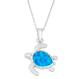 Sterling Silver Created Blue Opal Turtle Pendant with 18" Chain