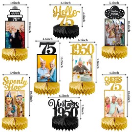 Eucutur 8Pcs 75th Birthday Decorations Honeycomb Centerpieces for Women Men, Black Gold Vintage 1950 75th Bday Photo Table Centerpieces Party Supplies, Glitter Cheers to 75 Year Old Bday Table Topper