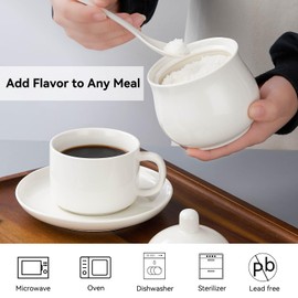 CHILDIKE Ceramic Sugar Bowl with Lid and Spoon, White Porcelain Sugar Salt Pepper Storage Jar, 12 Ounces (White 12 OZ)