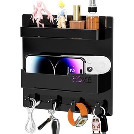 Floating Shelves for Bedside Shelf Accessories Organizer, Wall Mount Self Stick On, Cute Room Decor Aesthetic, Girls Room Decor, Cool Stuff For Bedroom Storage And Organization, Bedside Wall Organizer - Model: 4 Hooks Design-Black