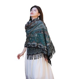 iCuviy Large Pashmina Shawls & Wraps for Women Extra Soft Cashmere Feel Throw Womens Fall Scarfs Shawls & Wraps for Wedding (Ethnic Style Green)