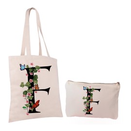 Cotton Shopper and Beauty Case Set with Letter Print, Flowers and Butterflies, Neutral Colour, Beige Natural, Letter F