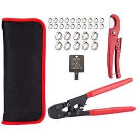 GUOFIS PEX Cinch Clamp Crimping Tool,Pex Crimp Kit for 3/8" to 1" Stainless Steel Clamps Including 20pcs 1/2",10pcs 3/4" Clamps with Pipe Cutter,PEX Pipe Tubing Connect Tools Suit US F2098 Standards