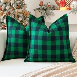 Sungeek Set of 2 Christmas Tartan Cushion Covers, Buffalo Plaid Decorative Cushion Covers, Decorative Cushion Cover, Checked Cushion Cover for Sofa, Bedroom, Living Room, 50 x 50 cm (Green + Blue)