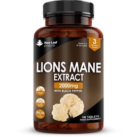 Lions Mane Mushroom 2000mg - 180 High Strength Vegan Tablets - Lion's Mane Supplement with Black Pepper - Lion's Mane Mushrooms Extract (Not Powder or Capsules) Made in The UK by New Leaf Products