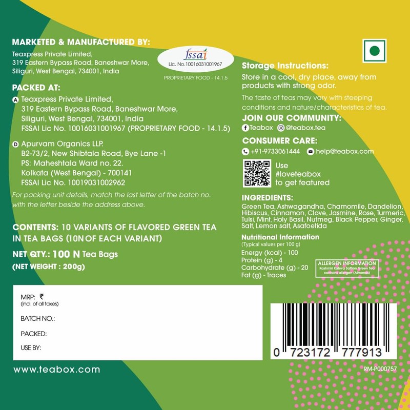 Teabox Premium Darjeeling Green Tea Sampler Bags 100pcs (10pcs X