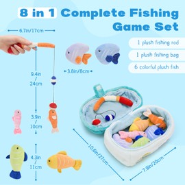 8pcs Magnetic Plush Fishing Toys for Toddlers Kids - Fishing Game Pretend Play Toys, My First Tackle Box Plush, Fish Stuffed Animals with Tackle Bag & Fishing Rod, Gift for Boys Girls Children