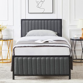 VECELO Twin Size Bed Frame with Linen Fabric Upholstered Headboard and Footboard, Heavy-Duty Metal Platform with Sturdy Slats, Streamlined Design, Noise Free, Light Grey