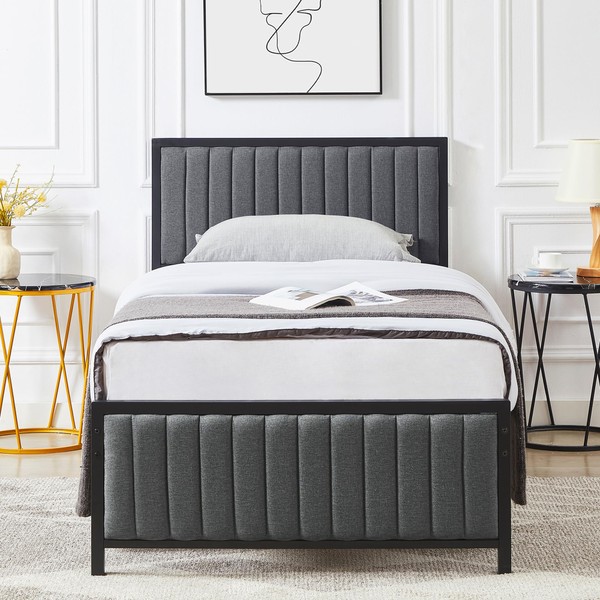 VECELO Twin Size Bed Frame with Linen Fabric Upholstered Headboard