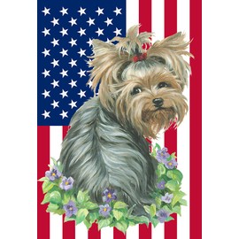 Yorkie Puppy Cut - Best of Breed American Flag II Garden Flag 12" x 17"