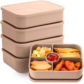 Jingmore 4 Pack Silicone Bento Boxes Reusable Lunch Box 5 Compartment Containers with Sauce Section Meal Prep Leakproof Snack Box Microwave Dishwasher Safe for Adults Office School(Khaki)